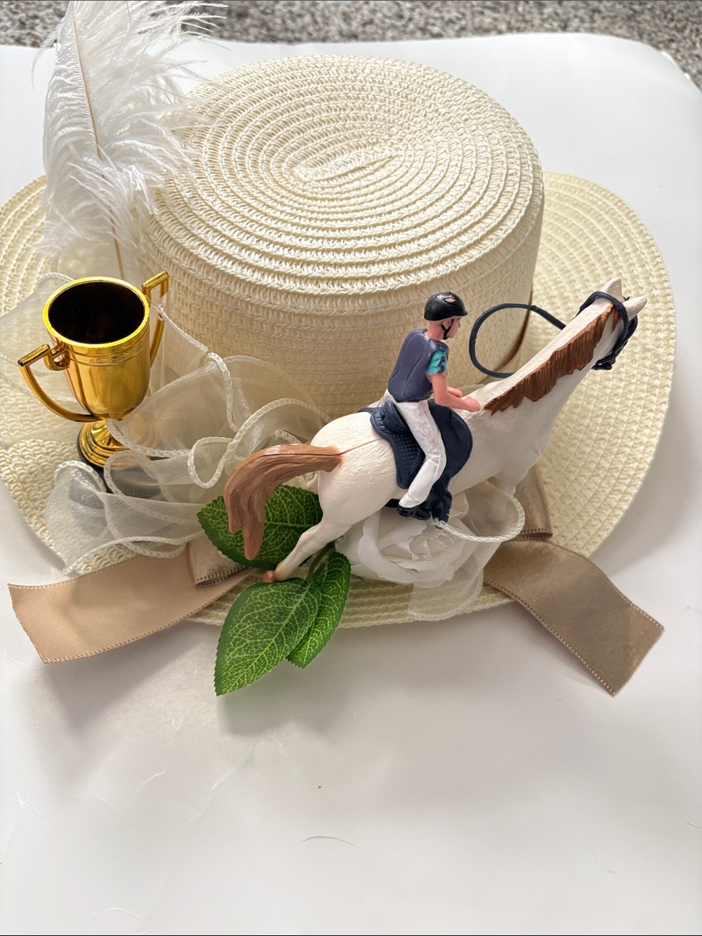 Cream Straw Derby Hat with Equestrian Trophy and Horse Figurine